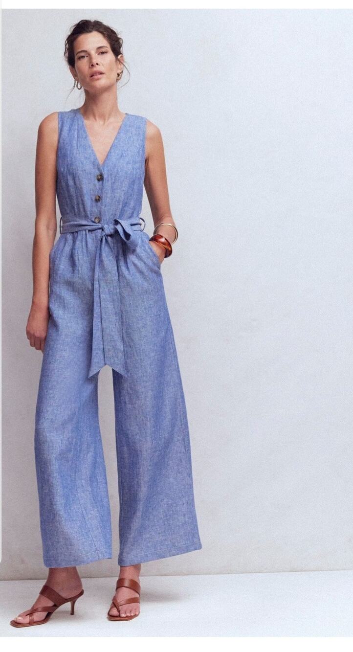 Boden Blue Laura V-Neck Linen Jumpsuit Size:  16-18